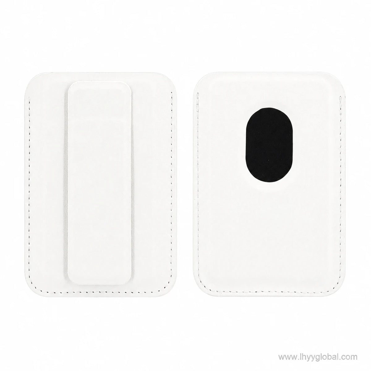 White magnetic phone wallet card holder with fold-out stand shown from front and back