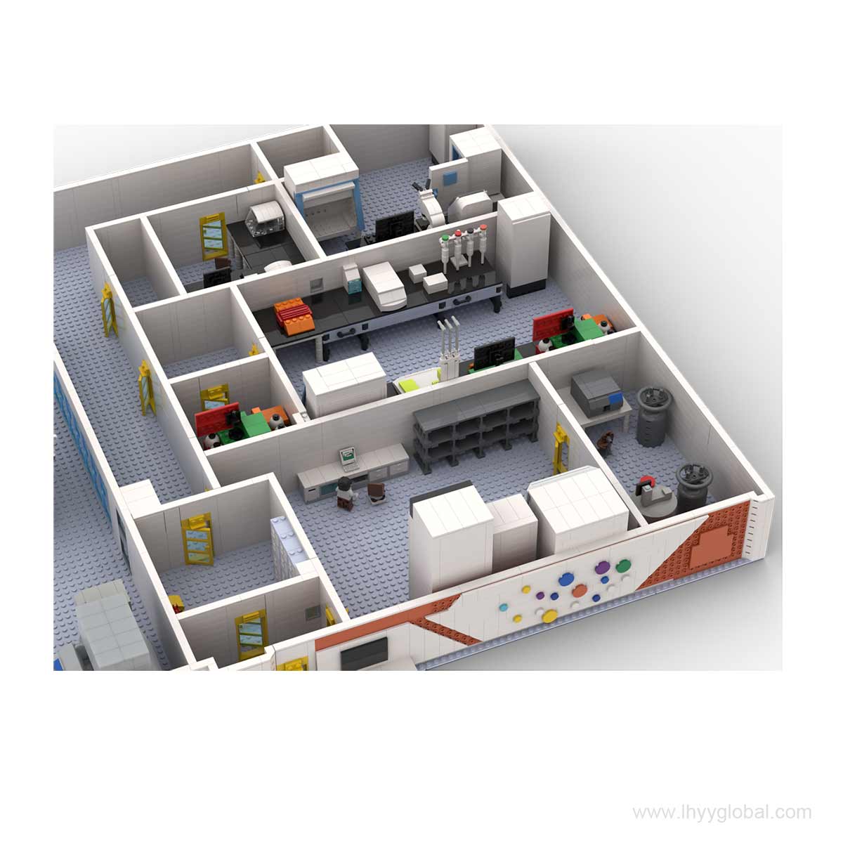 A detailed building block model of a Miltenyi Biotec research laboratory workbench, featuring a branded cell separation machine, a scientist minifigure, and lab equipment.