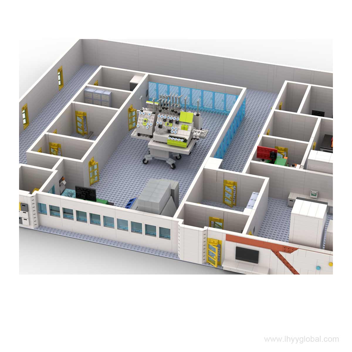 A low-angle shot of a custom scientist minifigure operating a complex piece of laboratory analysis equipment in a Miltenyi Biotec building block scene.