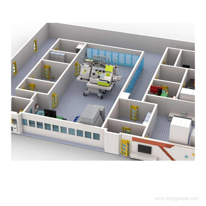 A low-angle shot of a custom scientist minifigure operating a complex piece of laboratory analysis equipment in a Miltenyi Biotec building block scene.