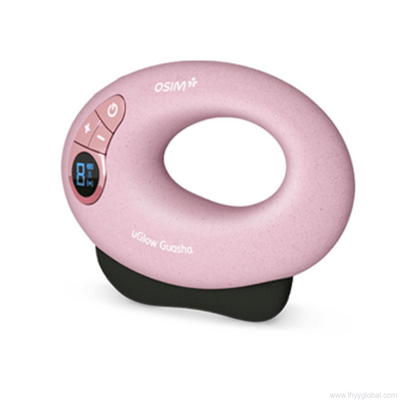 Purple OSIM uGlow Guasha massager with its oval handle, LCD and black massage surface.