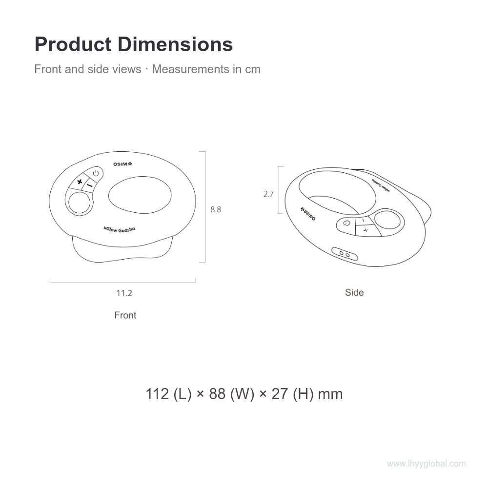 OSIM uGlow Guasha front and side dimension drawings showing 11.2 cm length, 8.8 cm width and 2.7 cm height.