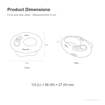 OSIM uGlow Guasha front and side dimension drawings showing 11.2 cm length, 8.8 cm width and 2.7 cm height.