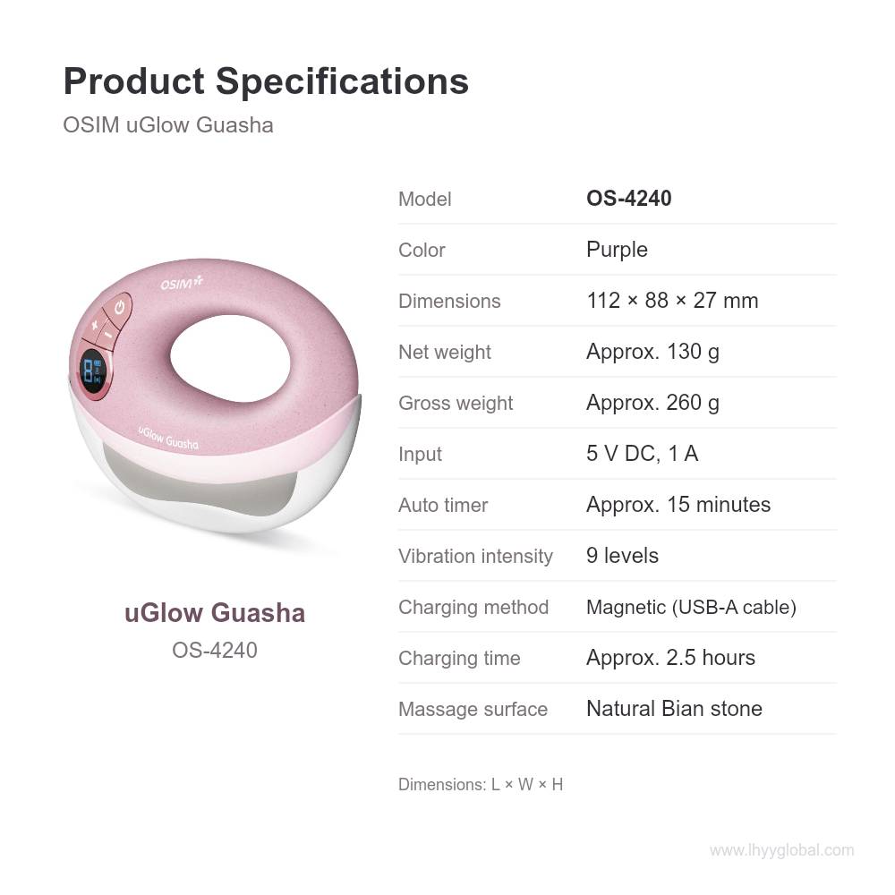 OSIM uGlow Guasha OS-4240 English specifications including dimensions, weight, electrical input, timer and charging.