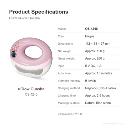 OSIM uGlow Guasha OS-4240 English specifications including dimensions, weight, electrical input, timer and charging.