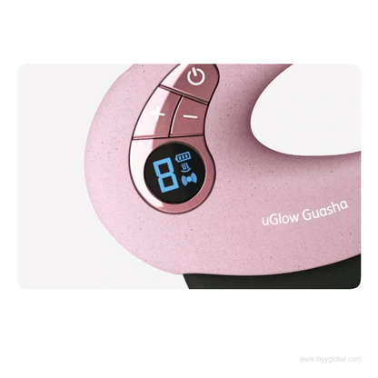Close-up of the OSIM uGlow Guasha blue LCD symbols and rose gold power, plus and minus buttons.