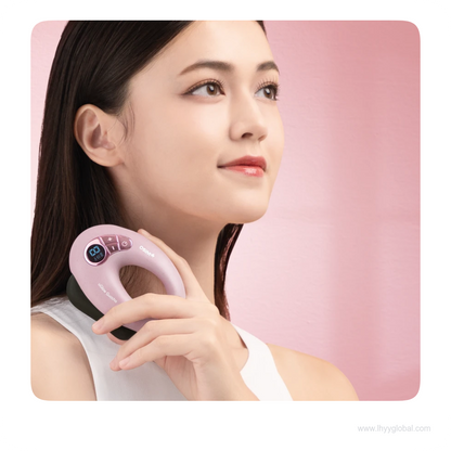 A woman holding the purple OSIM uGlow Guasha at the side of her neck.