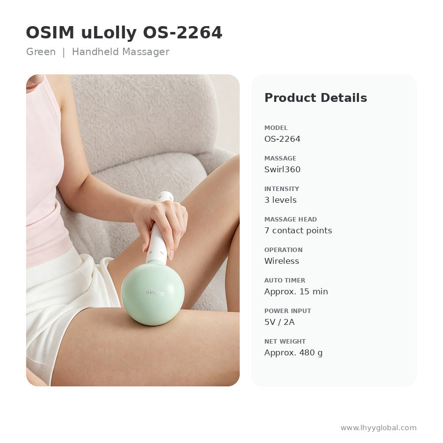 OSIM uLolly OS-2264 Green handheld massager with product specifications