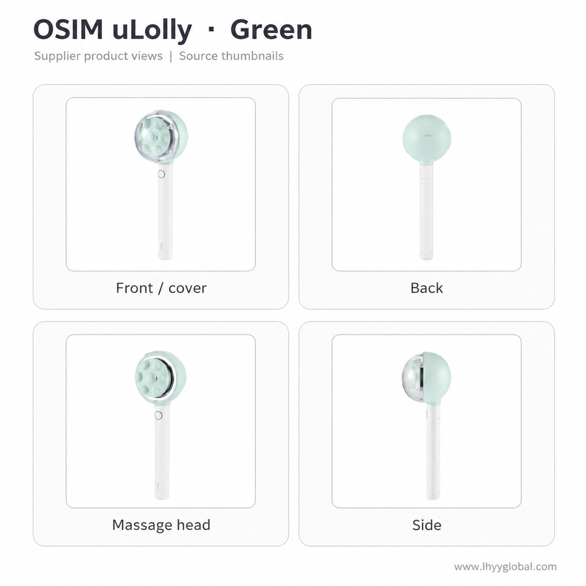 Front, back, massage head and side views of OSIM uLolly OS-2264 Green