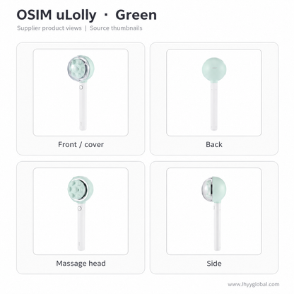 Front, back, massage head and side views of OSIM uLolly OS-2264 Green