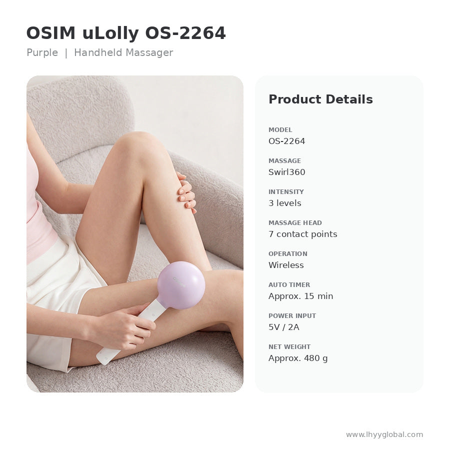 OSIM uLolly OS-2264 Purple handheld massager with product specifications