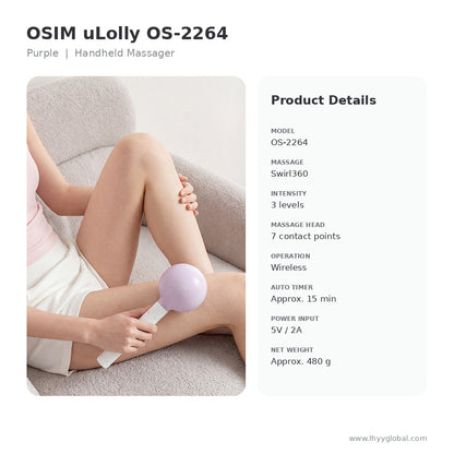 OSIM uLolly OS-2264 Purple handheld massager with product specifications