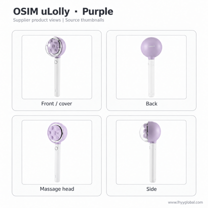 Front, back, massage head and side views of OSIM uLolly OS-2264 Purple
