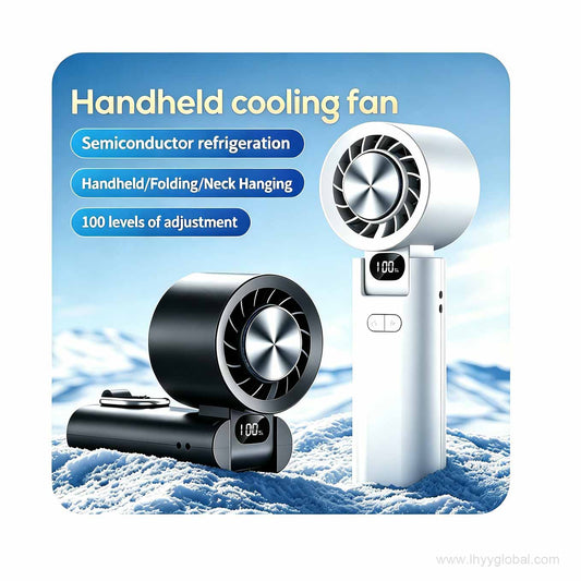 Custom portable semiconductor handheld cooling fan with 100 speed adjustments and digital LED display for biotech corporate tech gifting.