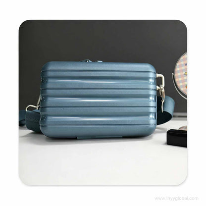 Front view of a blue PP mini case, highlighting the durable glossy finish and sturdy metal hardware.