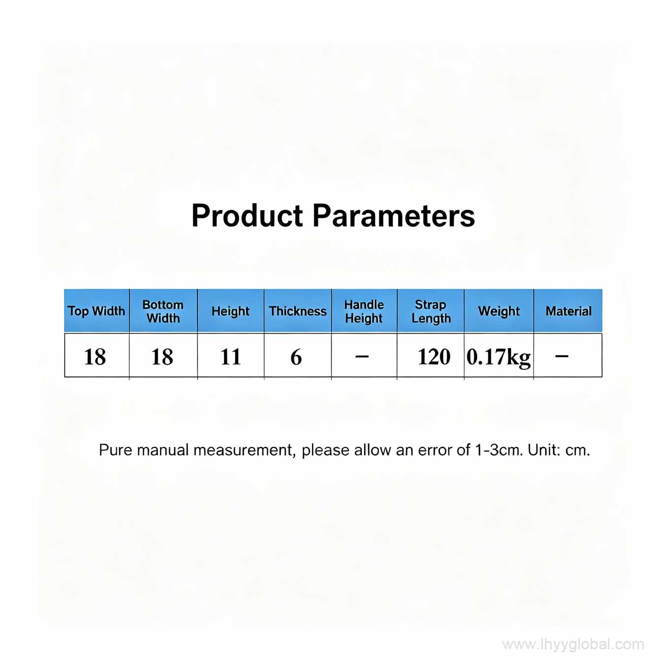 Product parameters table for the PP mini case, detailing dimensions 18x11x6cm, 120cm strap length, and lightweight 0.17kg construction.
