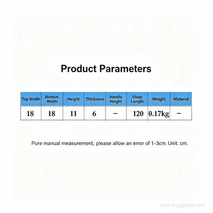 Product parameters table for the PP mini case, detailing dimensions 18x11x6cm, 120cm strap length, and lightweight 0.17kg construction.