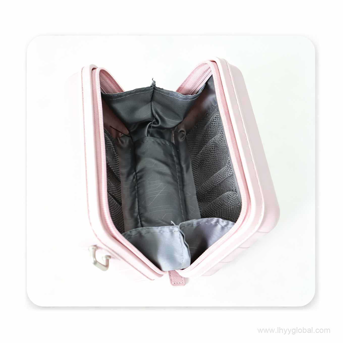 Interior view of an expanded PP mini case revealing a mesh pocket, central divider, and protective grey lining for organizing lab or travel essentials.