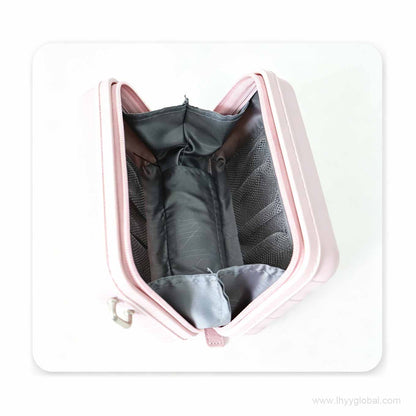 Interior view of an expanded PP mini case revealing a mesh pocket, central divider, and protective grey lining for organizing lab or travel essentials.
