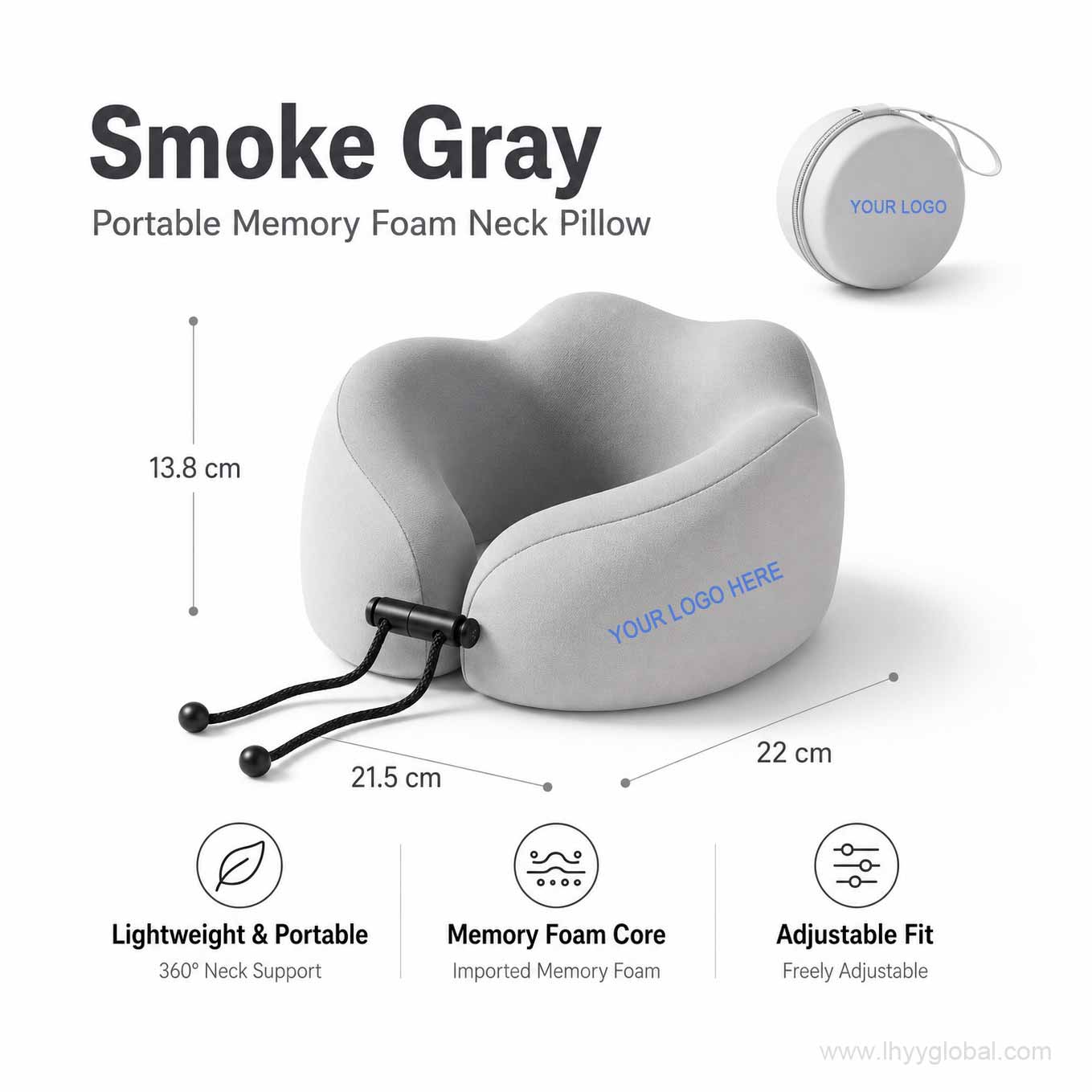 Smoke gray memory foam travel neck pillow with adjustable fit and lightweight portable design
