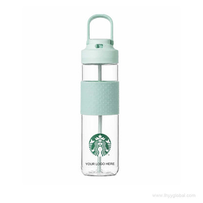 Starbucks mint green 710ml sports bottle with transparent body, folding handle and custom logo placement