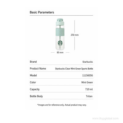 Dimensions and specifications for Starbucks mint green 710ml sports bottle, approximately 250 by 80 millimeters