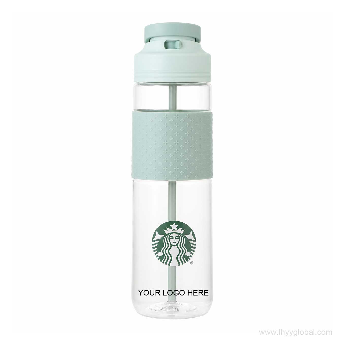 Front view of Starbucks mint green sports bottle showing proposed customer logo placement below the Starbucks mark