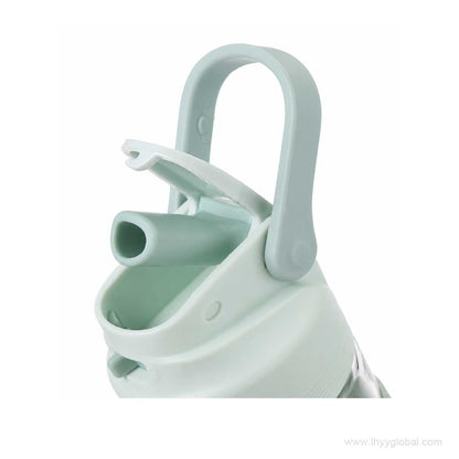Open flip-top drinking spout and folding carry handle on Starbucks mint green sports bottle