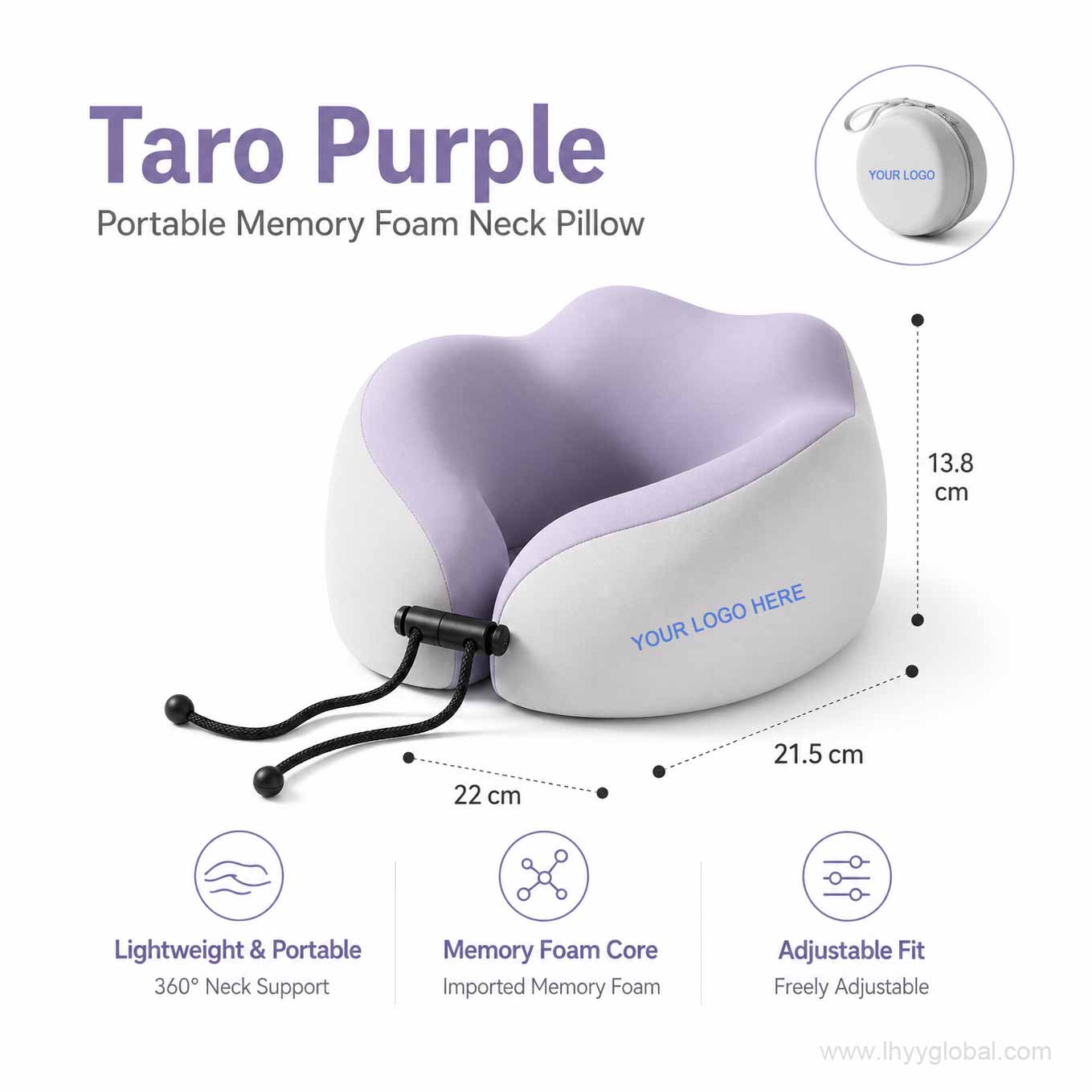 Taro purple memory foam travel neck pillow with adjustable fit and lightweight portable design
