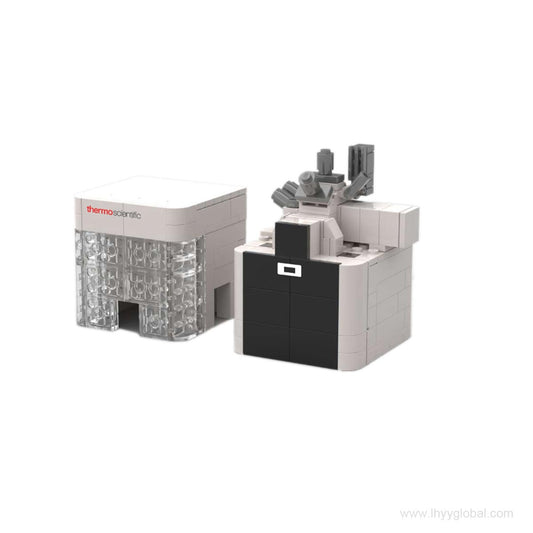 Detailed custom-designed building block model of the Thermo Fisher Scientific Helios 5 DualBeam SEM instrument, featuring the main vacuum chamber, detectors, and separate operator console with monitors.