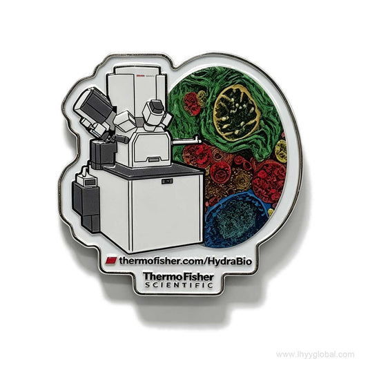 Thermo Fisher Scientific HydraBio zinc alloy lab magnet featuring a high-resolution microscope illustration and vibrant cell imagery for biotech corporate swag and lab decor.