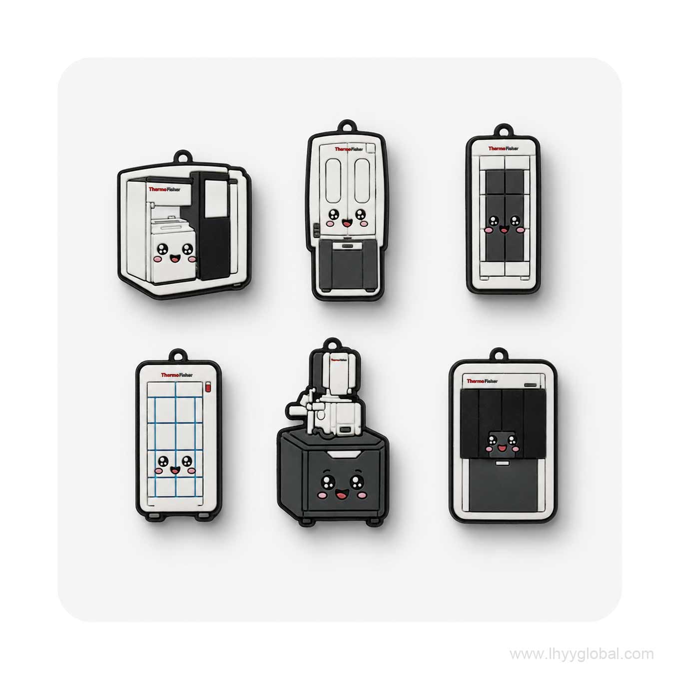 Six custom Thermo Fisher scientific instrument shoe charm designs on a white background
