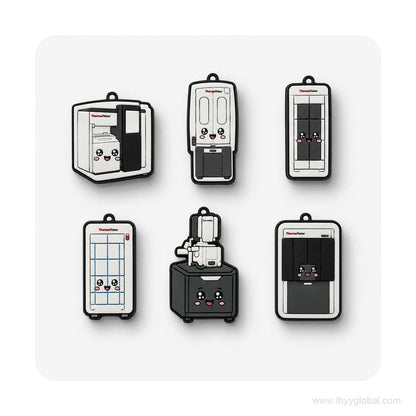Six custom Thermo Fisher scientific instrument shoe charm designs on a white background