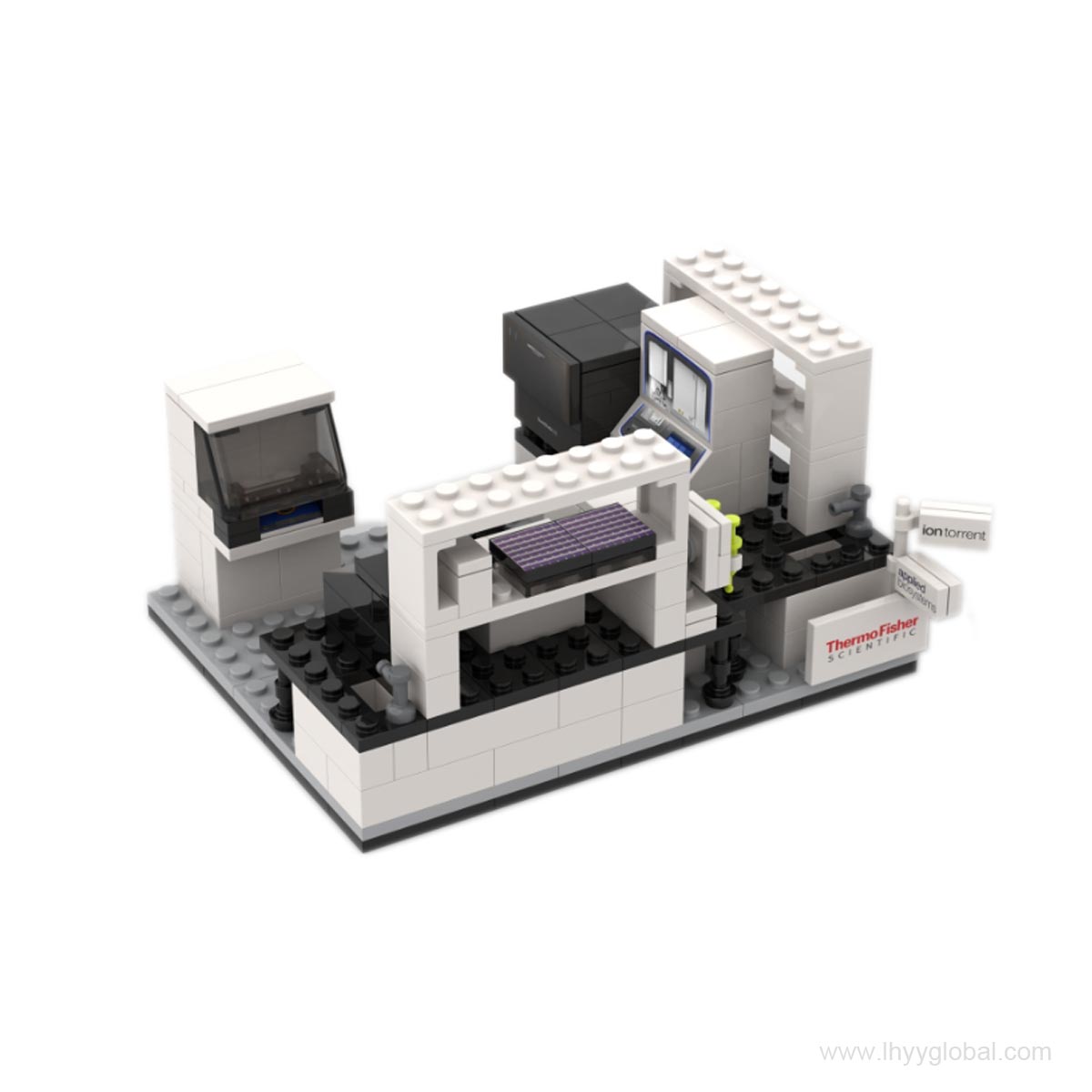 A custom Lego-compatible mini lab scene featuring Thermo Fisher, Applied Biosystems, and Ion Torrent branded laboratory equipment on a white bench.