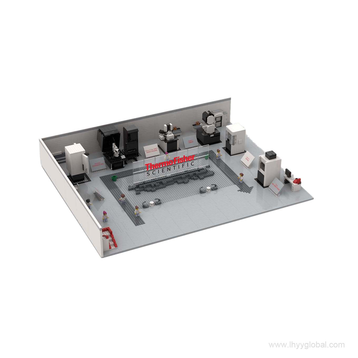 Close-up view of the Thermo Scientific Glacios or Krios Cryo-EM microscope model and a scientist minifigure in a lab setting, made from precision blocks.