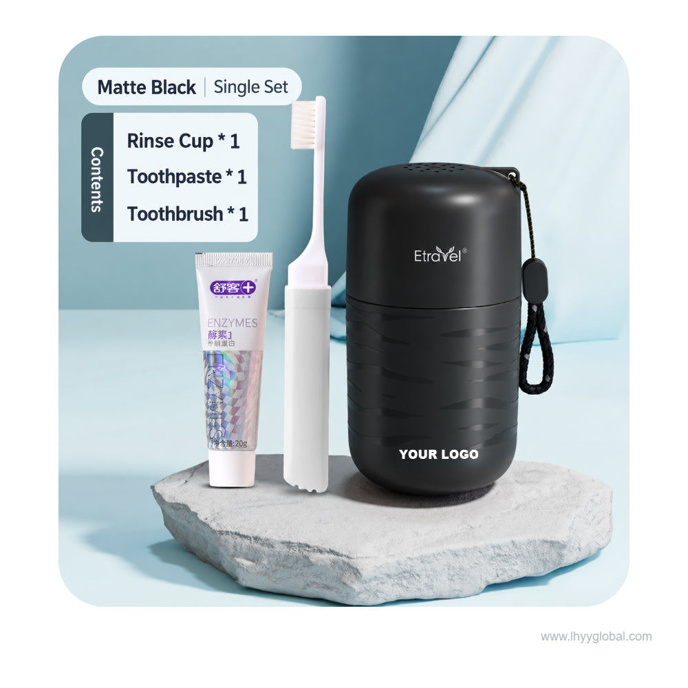Black portable travel toiletry set with product packaging