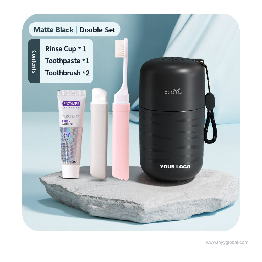 Black travel toothbrush holder and rinse cup set with packaging