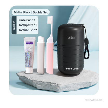 Black travel toothbrush holder and rinse cup set with packaging
