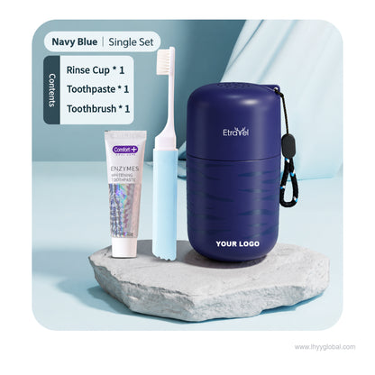 Dark blue portable travel toiletry set with product packaging
