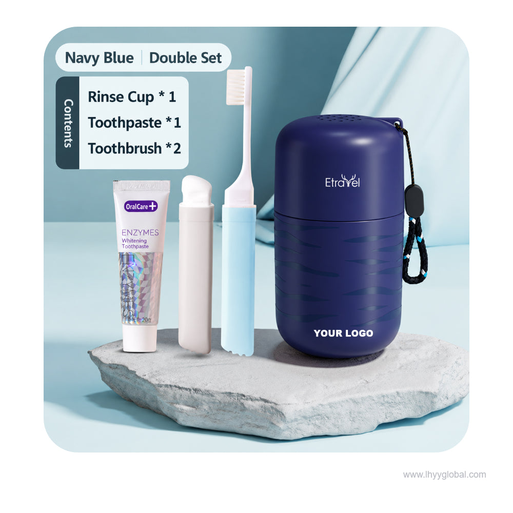 Dark blue travel toothbrush holder and rinse cup set with packaging