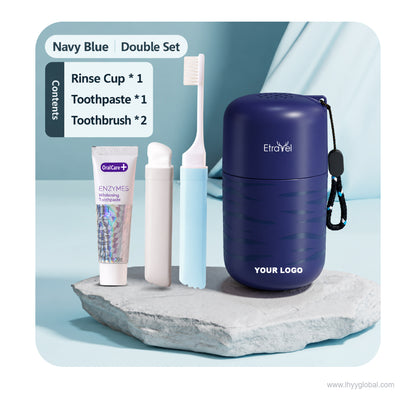 Dark blue travel toothbrush holder and rinse cup set with packaging