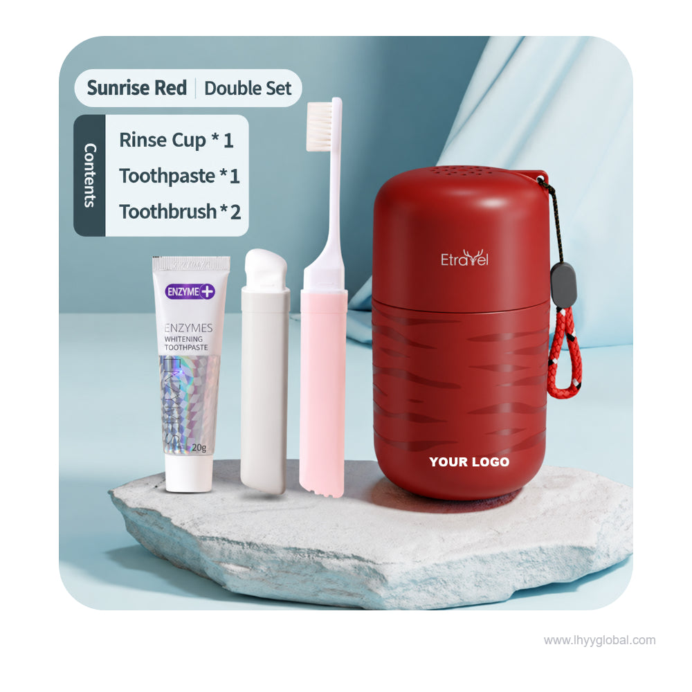 Red portable travel toiletry set with product packaging