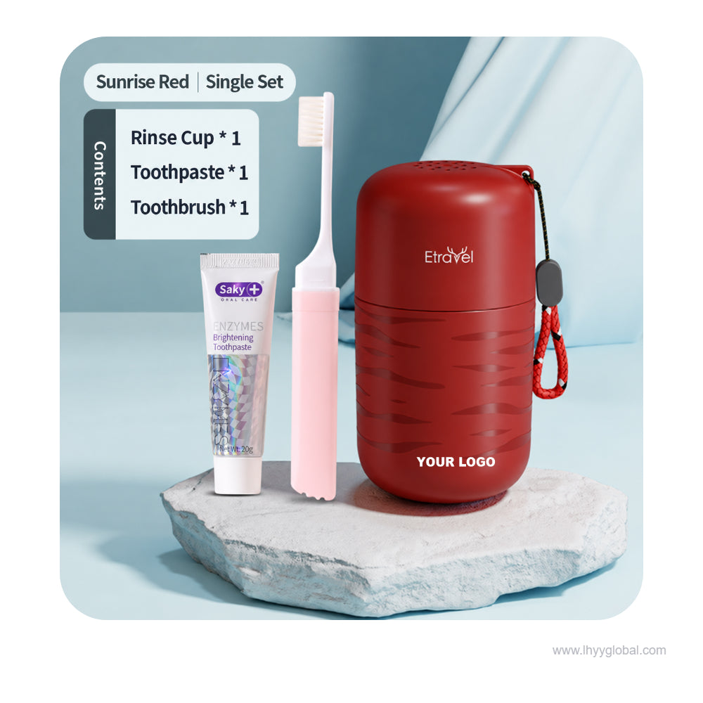 Red travel toothbrush holder and rinse cup set with packaging