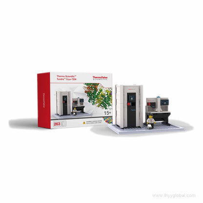 Rendered 263-piece Tundra Cryo-TEM building block model with workstation, scientist minifigure and display base