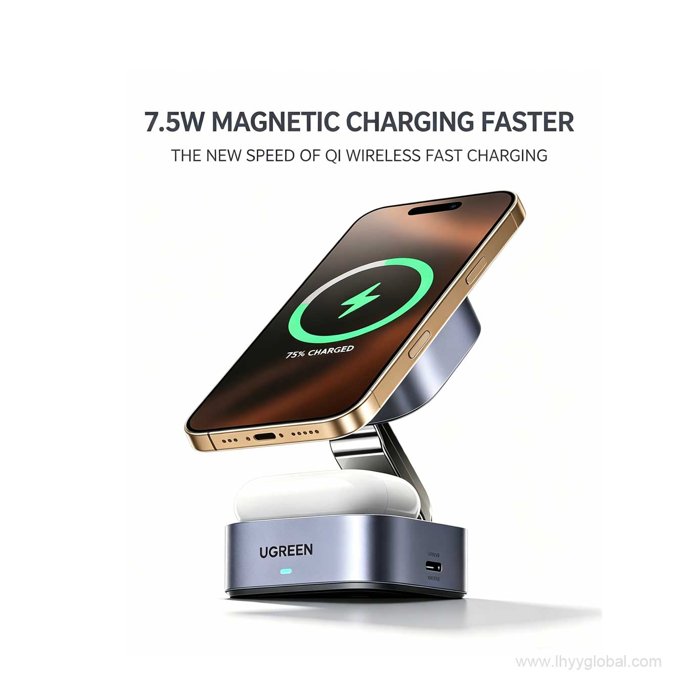 Ugreen 2-in-1 magnetic wireless charging dock fast charging an iPhone and wireless earbuds simultaneously with 7.5W magnetic speed.
