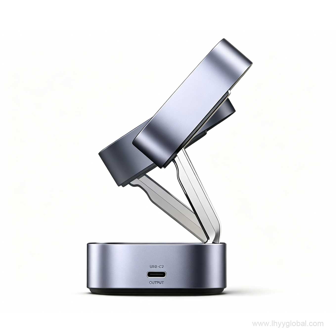 Side profile of Ugreen adjustable magnetic wireless charger showing the premium folding zinc-alloy stand mechanism for desktop space-saving efficiency.