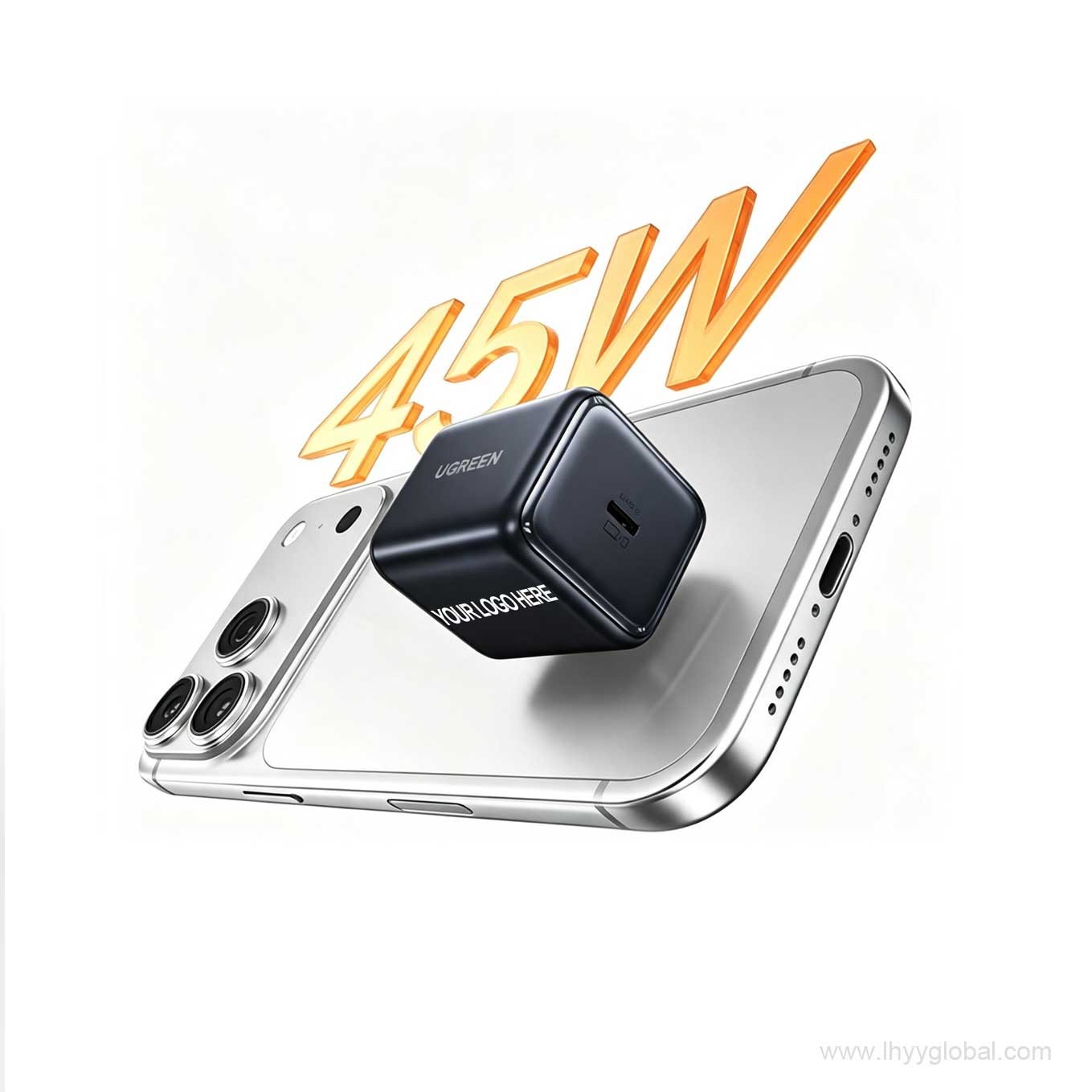 UGREEN X524 black charger with custom logo mockup beside a smartphone and 45W graphic