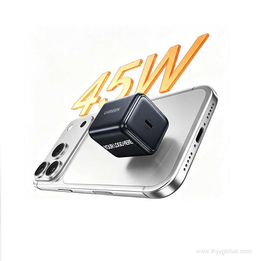 UGREEN X524 black charger with custom logo mockup beside a smartphone and 45W graphic