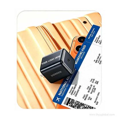 UGREEN X524 black charger with custom logo placement mockup on an orange suitcase