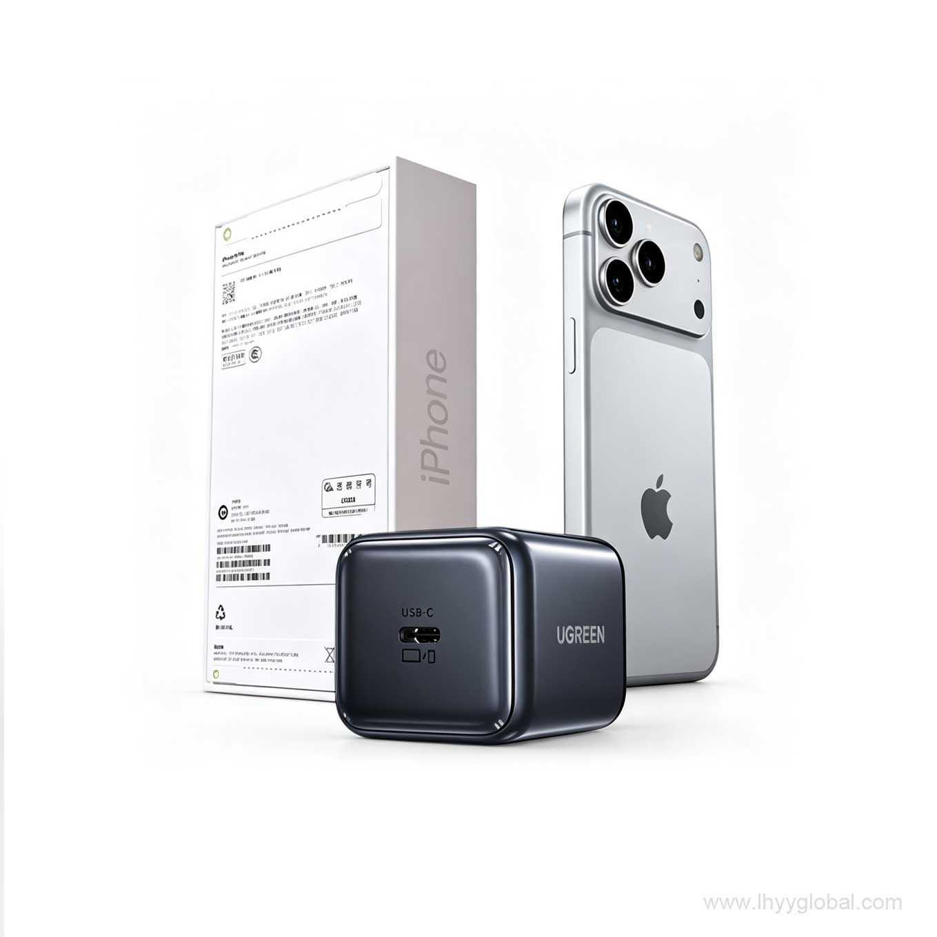 UGREEN X524 black USB-C charger shown with smartphone and retail packaging